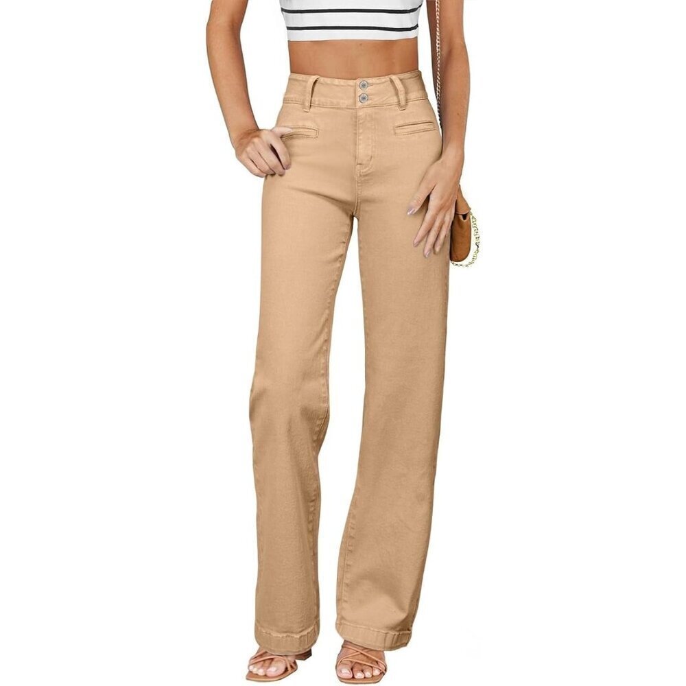 Women's Khaki High Waisted Straight Leg Stretchy Trendy Loose Denim Pants
